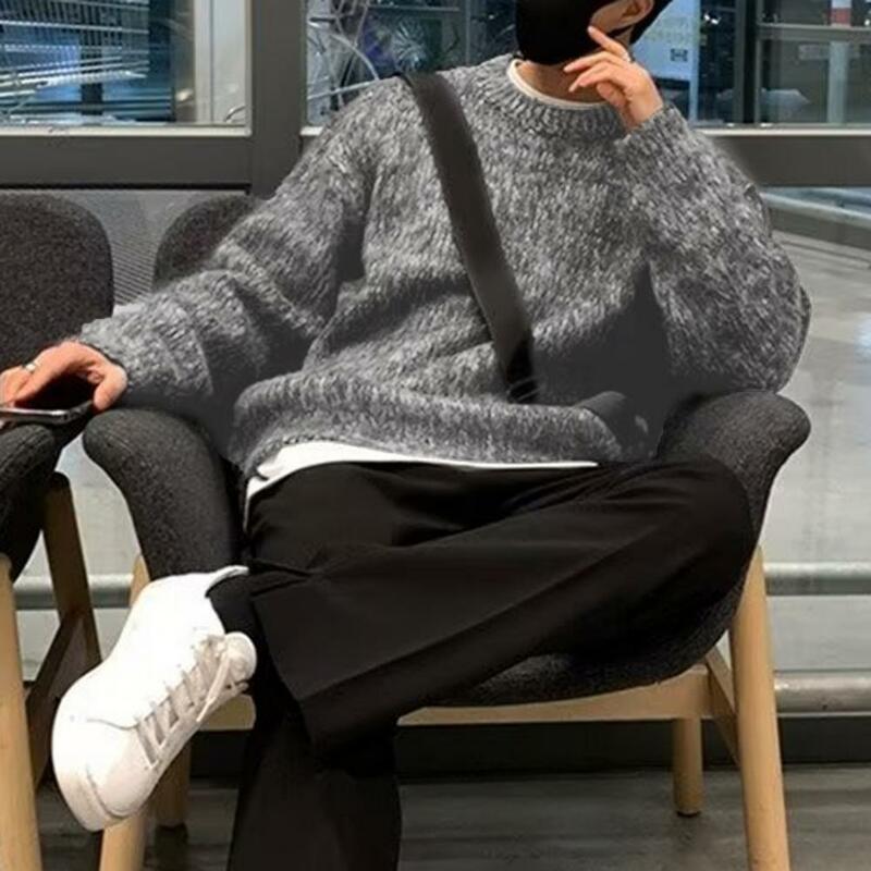 Jesienno-zimowy męski sweter z gruba dzianina okrągłym dekoltem Retro miękki ciepły, elastyczny sweter męski z długim rękawem