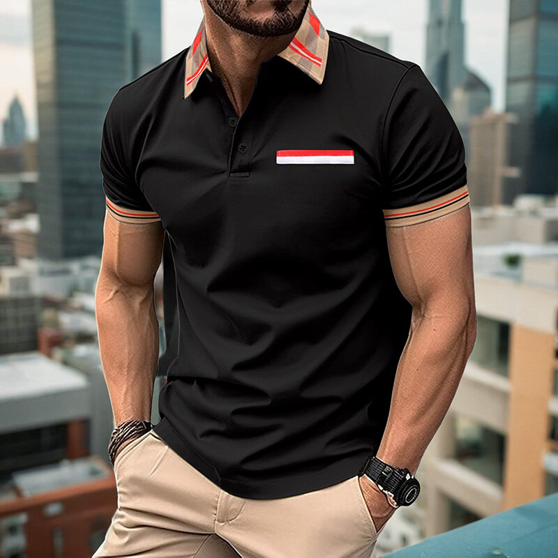 2024 summer  new men's short sleeved polo shirt collar digital fake pocket breathable polo shirt men's business casual top