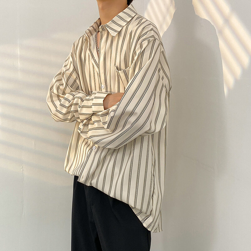 Camisa de manga comprida estilo coreano listrado masculino, camisa casual, tamanho de polegadas, senso de luxo, ruffian e bonito