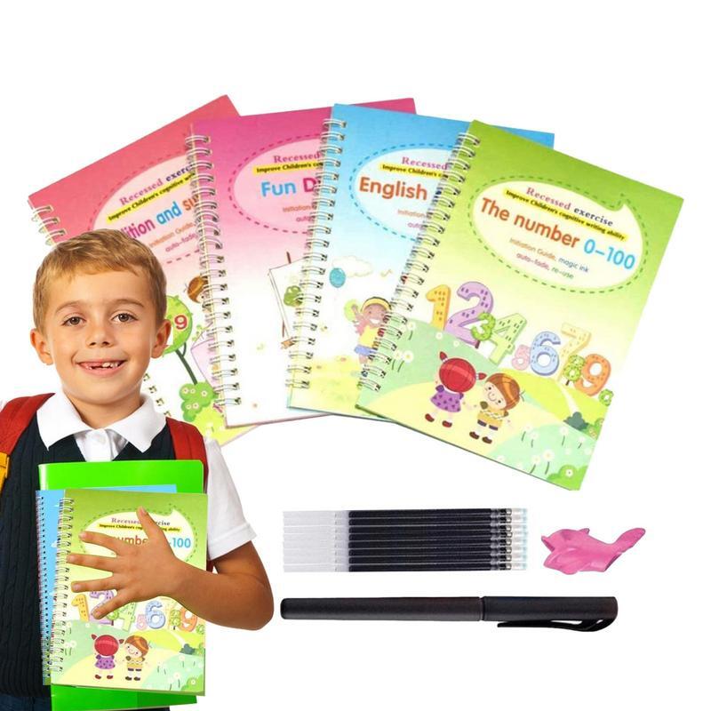Reutilizável Handwriting Practice Copybook para crianças, Grooved Practice Book com Groove Design, 4 Copybook