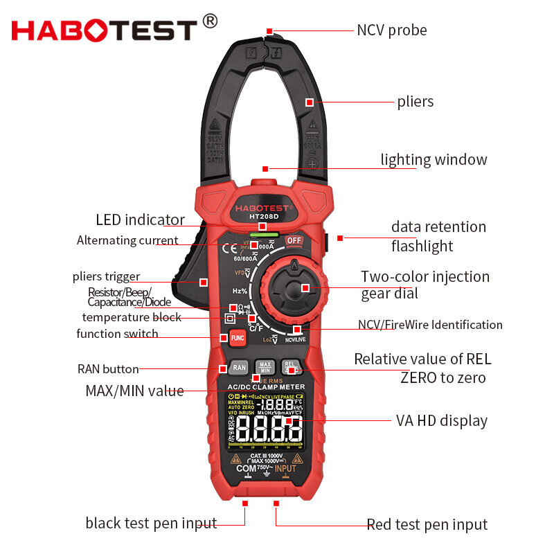 HABOTEST HT208D Digital Clamp Meter AC/DC True-RMS Multimeter Anto-Ranging Tester Current Clamp Digital Ammeter Clamp Meter