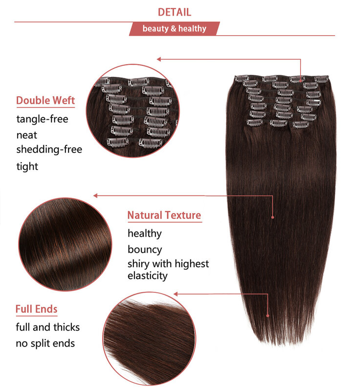 Extensions de cheveux humains à clipser pour femmes, postiche droite à clipser, cheveux bruns Remy, double trame, 24 po, #4