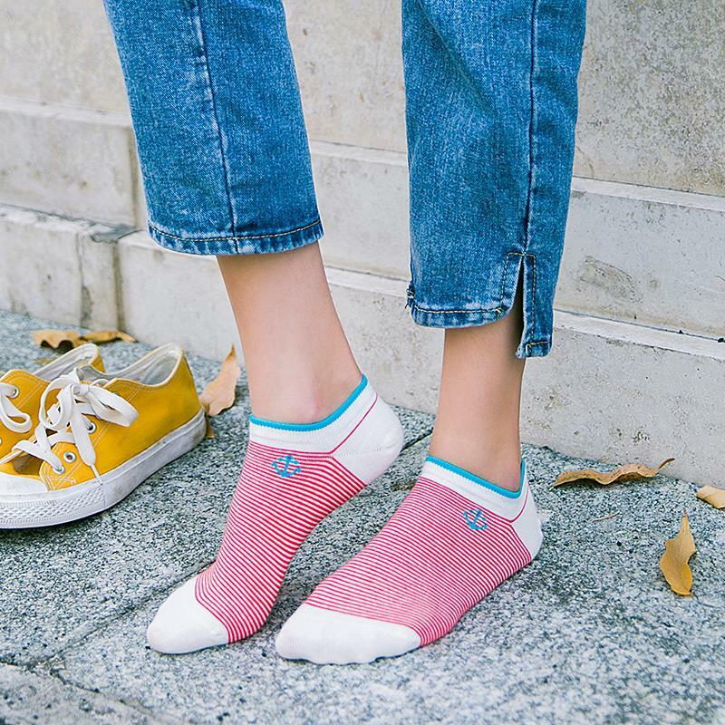 5 Pairs Women Casual Boat Socks Spring Summer Autumn Candy Color Cute Ship Anchor Striped Comfortable Female Short Ankle Socks