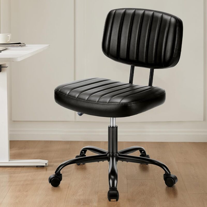 Small Desk Chair Black PU Leather Soft Chair Rolling Swivel Armless Office Chair With Lumbar Support Comfortable