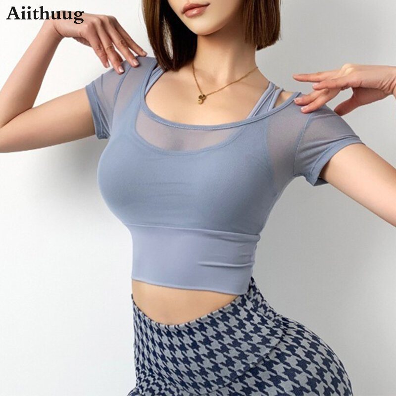 Aiithuug Mesh Sexy Detachable Padded Fake Two-piece Neck Hanging Yoga Tops Women's Fitness Short Sleeved Breathable Sportswear