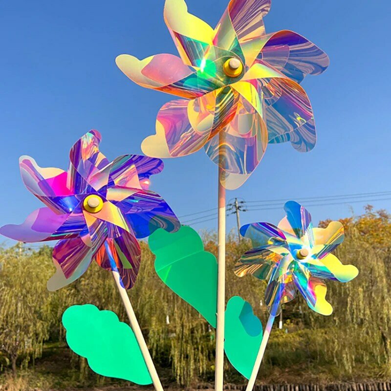 24CM colorato tenuto in mano palo di legno mulini a vento pianta da giardino repellente per fiori mulino a vento decorazione esterna repellente per uccelli riflettente