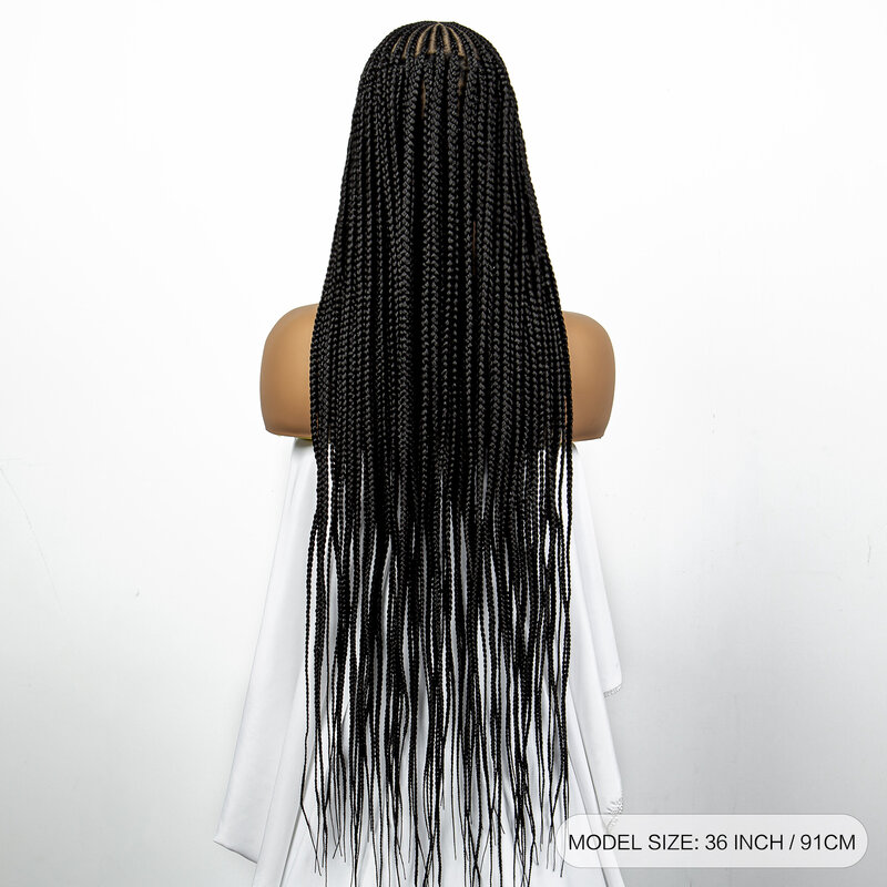 Full Transparente Lace Handmade Cornrow trançado perucas para mulheres negras, sintético sem nós, tranças caixa, cabelo do bebê, 36"