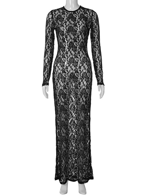 Hawthaw-Vestido largo de encaje transparente para mujer, ropa de calle Sexy, Bodycon negro, artículos de negocios al por mayor, Otoño, 2023