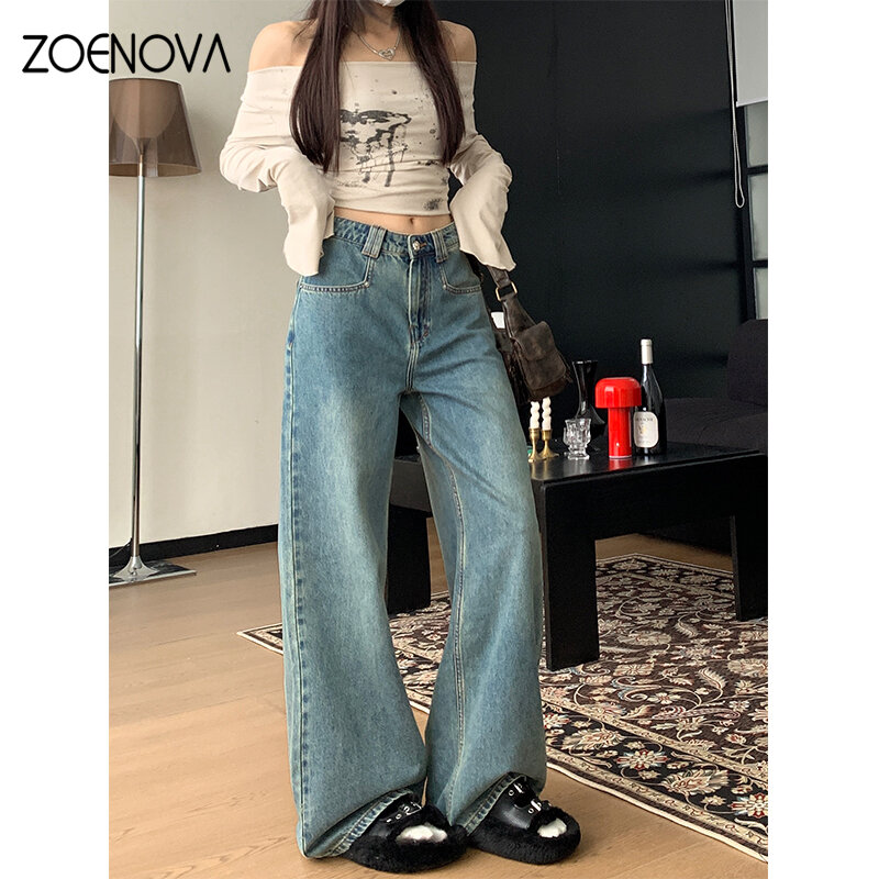 ZOENOVA High Quality Simple Women's Jeans 2024 Spring Autumn Maillard Fashion Lady Casual Versatile Loose Straight Wide Leg Jean