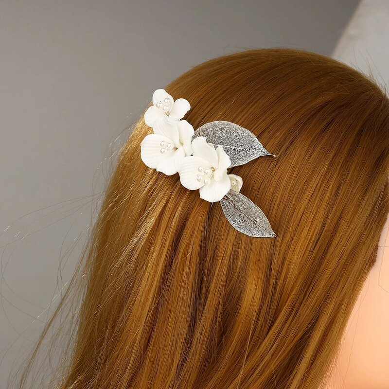 Фарфоровое цветочное свадебное украшение для волос, свадебная тиара с серебряными листьями, Жемчужное Украшение для волос для женщин и девочек