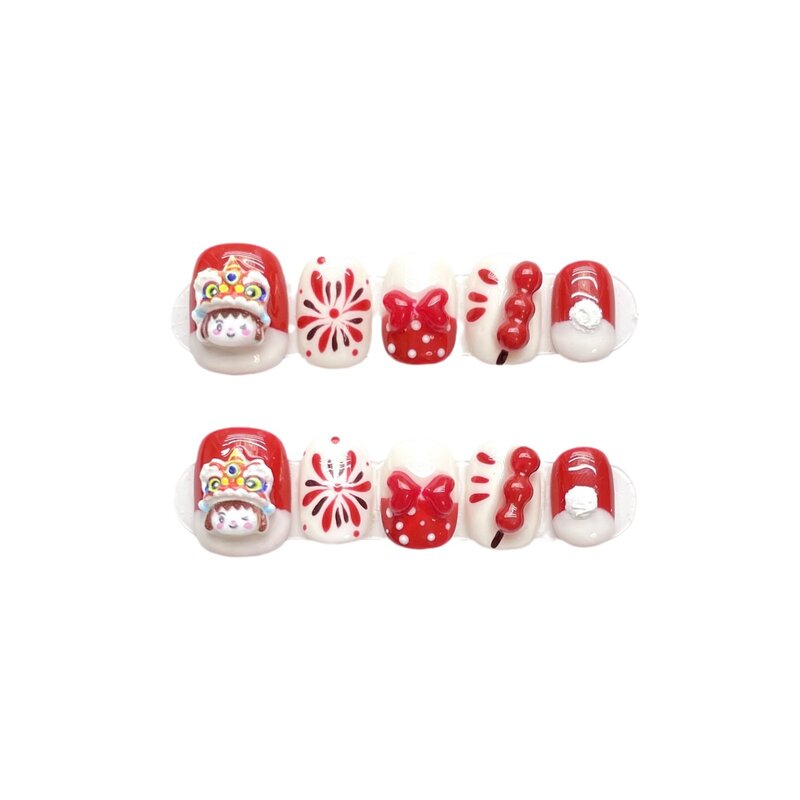 Red Handmade Nails Press on Full Cover Manicuree Lion and Girl False Nails Wearable Artificial With Tool Kit