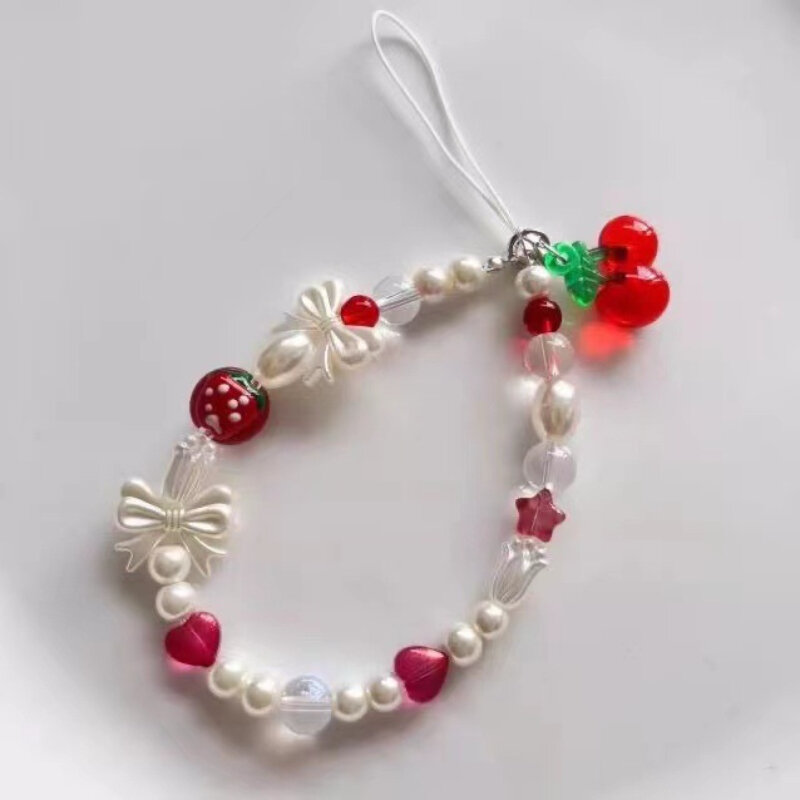 Ins Flower Chain Strawberry Bow Mobile Phone  Chain Small Beaded Cherry Pendant Camera CCD Hanging Rope
