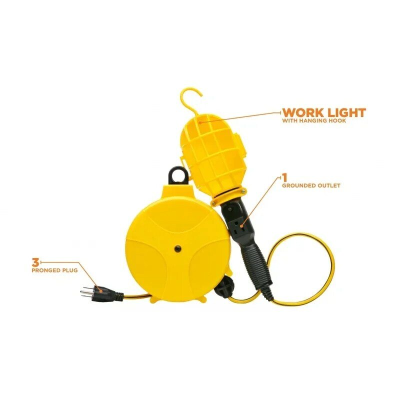 Designers Edge E216 20' Yellow Retractable Cord Reel with Handheld Work Lights