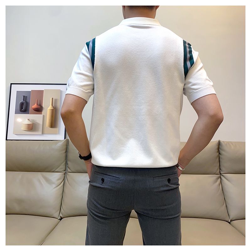 Camisa polo de manga curta simples masculina, zíper de lapela sólido, retalho fino, blusa fina casual na moda vintage, moda coreana, nova, verão