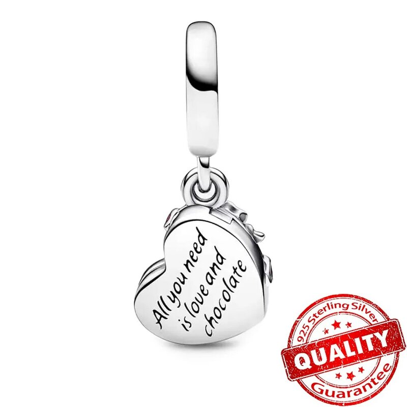 Authentic 925 Sterling Silver Dangle Charme para Mulheres, Coração Openable, Chocolate Gift Box, Fits Brand Bracelet, Fine Jewelry Pendant