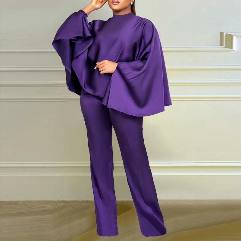 Pakaian wanita lengan panjang, 2 Pcs/Set atasan Satin palsu celana panjang warna Solid elastis Batwing lengan panjang pakaian wanita