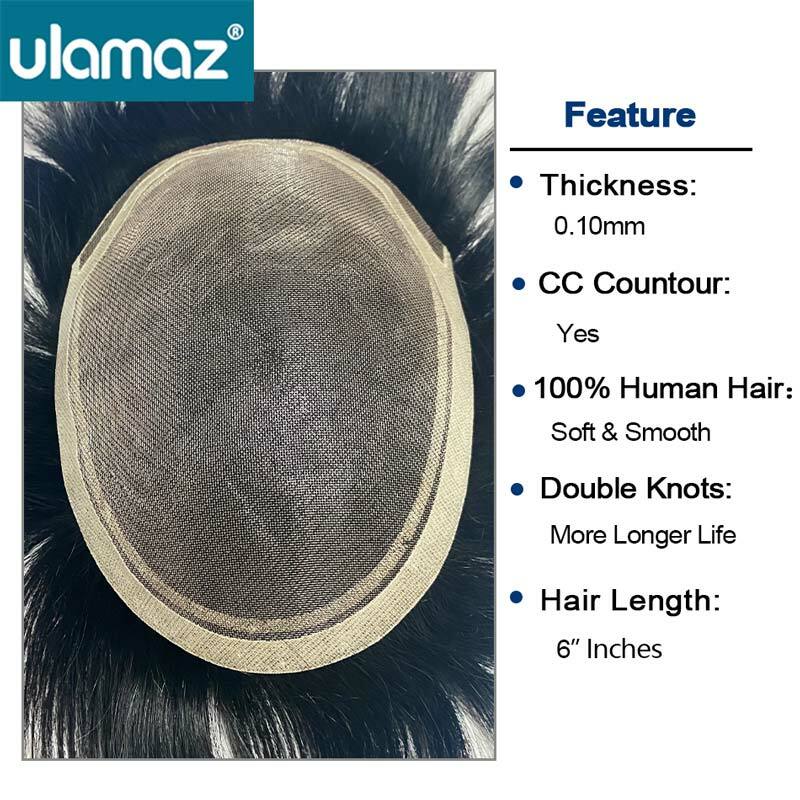 Prostesis rambut pria buatan manusia, Wig jala 0.10mm rambut manusia Toupee pria bernapas Unit pengganti Wig sistem rambut untuk pria