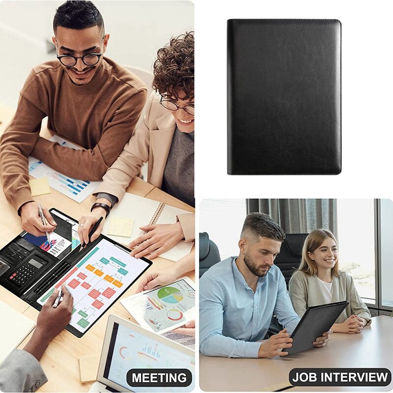 Resume Portfolio Folder With A4 Size Clipboard Black Leather Padfolio For Men Women Business Portfolio Organizer