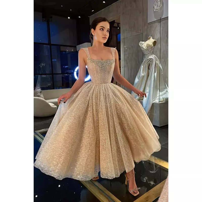 Champagne Square Collar Spaghetti Straps Prom Dresses A-Line Ankle-lengh Beaded Tulle Corset Back Custom Made Formal Gown 2024