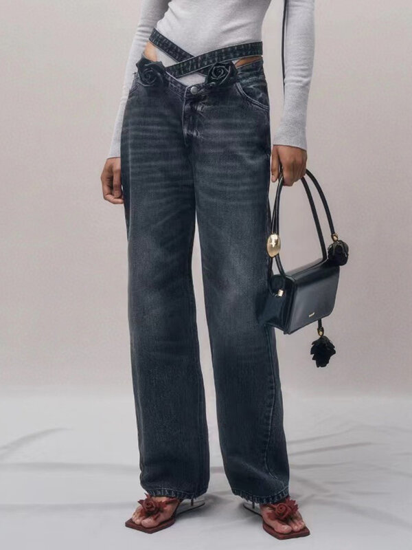 Designer cross-strap applique high-waisted vintage wash jeans 2024 summer women's new fashion luxury all-match wide-leg pants