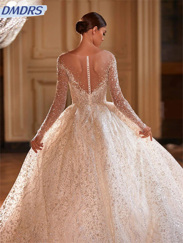 Luxuoso vestido de noiva frisado lantejoulas, elegante vestido de noiva, glamoroso manga longa, veste de noiva, 2024