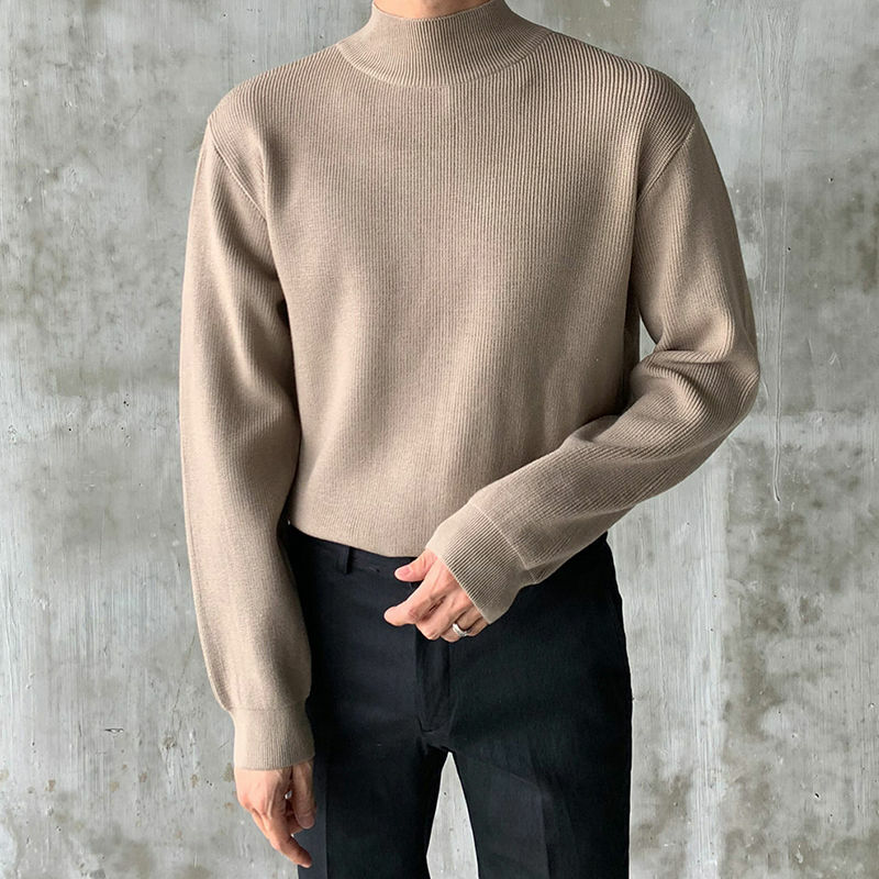 남성용 하프 터틀넥 니트 스웨터, 루즈한 한국 패션, 단색 보터밍 스웨터, 2023 가을 및 겨울 신상