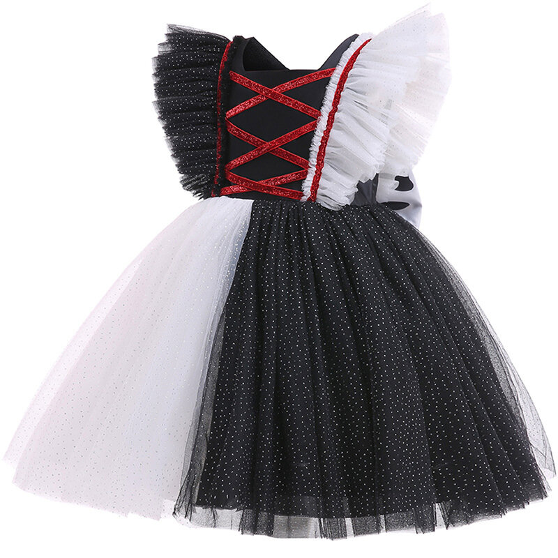 Gaun Cruella anak perempuan kostum Fashion Cosplay pakaian pesta topeng karnaval Halloween mewah gaun Tutu hitam putih 2-10t
