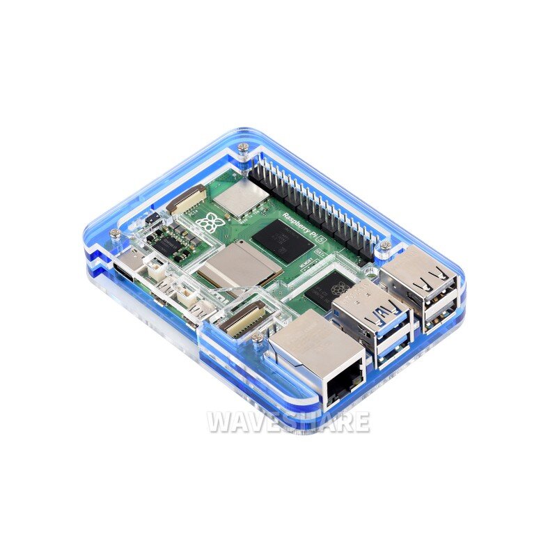 Waveshare Transparent and Blue Acrylic Case for Raspberry Pi 5, Supports installing Official Active Cooler