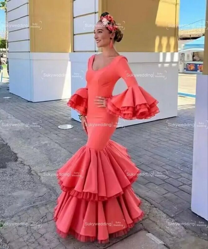 Vestidos de baile de sirena Sexy, vestido de baile Formal de Flamenco, manga larga de Hada, cuello en V, malla española, vestido de noche de flamenca