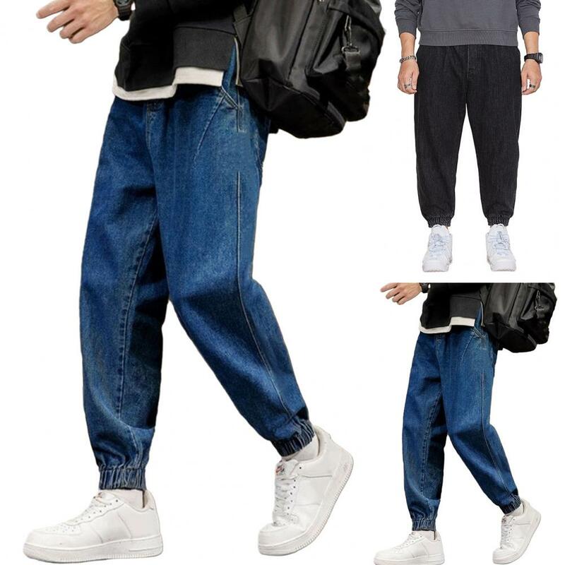Джинсы мужские с эластичным поясом, свободные брюки до щиколотки, повседневные длинные брюки с глубоким шаговым швом, Colorfast
