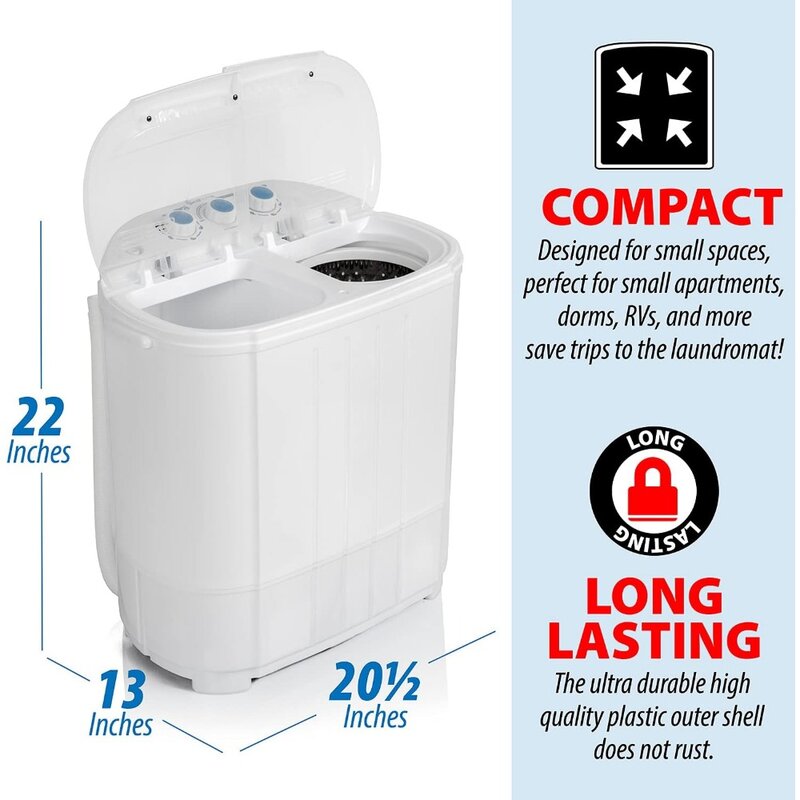 Lavatrice compatta con doppia vasca per lavaggio e centrifuga, portatile, sistema di drenaggio a gravità integrato, cicli di lavaggio con agitazione