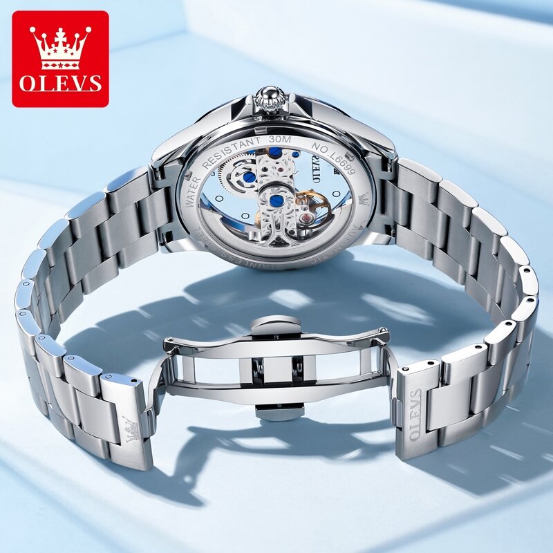 นาฬิกาข้อมือผู้หญิงมีแบรนด์แบรนด์ OLEVS แบบเต็มตัวกลไกอัตโนมัติ Tourbillon นาฬิกาข้อมือแฟชั่นเรืองแสงกันน้ำ