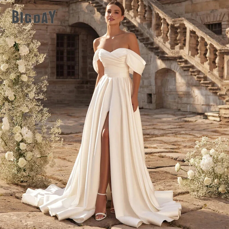 Elegant A-line Wedding Dress 2024 Off The Shoulder Sweetheart Open Back Pleat Split Satin Bridal Gown Women Vestidos De Noiva