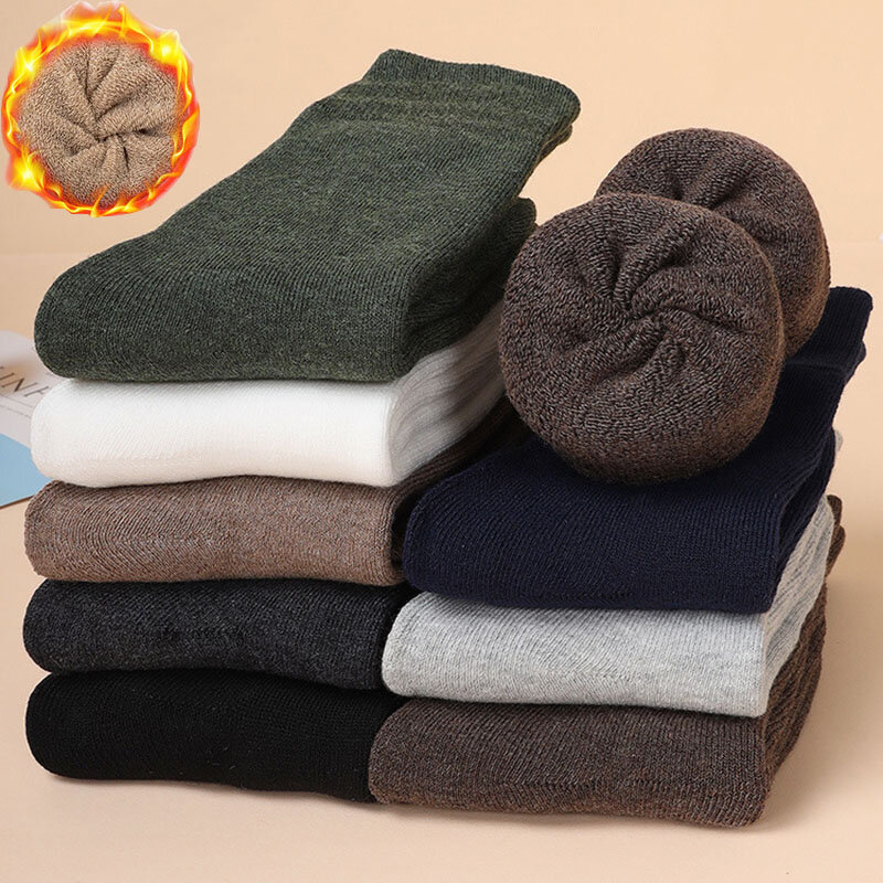5 Paar Winter Heren Verdikte Warme Badstof Sokken Met Hoge Kwaliteit Comfortabele En Warme Effen Kleuren Business Mid Tube Sokken