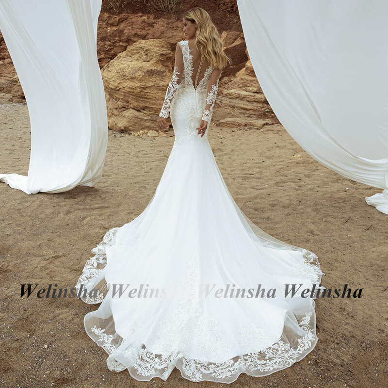 Женское свадебное платье с юбкой годе, Очаровательное платье с длинным рукавом, круглым вырезом, прозрачной аппликацией и шлейфом для невесты, индивидуальный пошив
