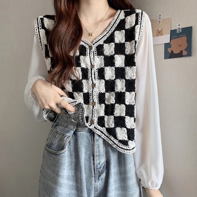 Cardigan retalhos feminino manga longa camiseta superior xadrez para o verão dropship