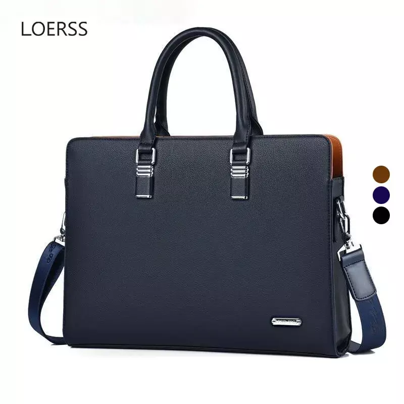 LOERSS Men's Leather Briefcase Business Laptop Bags 14 Inch Large Capacity Shouldersbags Waterproof Commute Handbags for Man