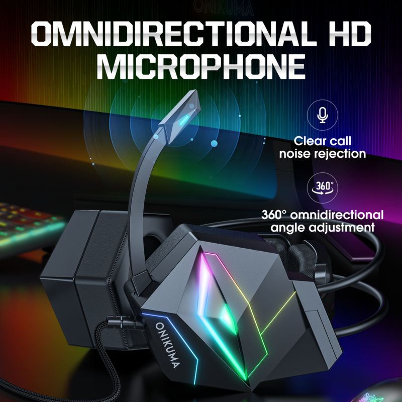 ONIKUMA X20 Gaming Kopfhörer mit Dynatic RGB Beleuchtung 3,5mm 7,1 Surround Verdrahtete Kopfhörer Spiel Headset für Computer PC Gamer