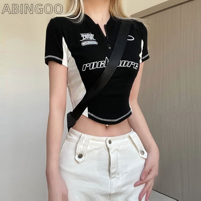 ABINGOO Stitched Zipper Crop Top Letter Print Short Sleeve T-shirt Locomotive Style Streetwear Clothes y2k Casual Women Top