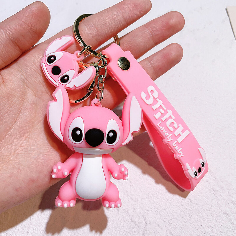 Lilo & Stitch mainan Keychian Anime Stitch liontin gantungan kunci manis merah muda malaikat gantungan kunci mobil wanita hadiah ulang tahun anak perempuan