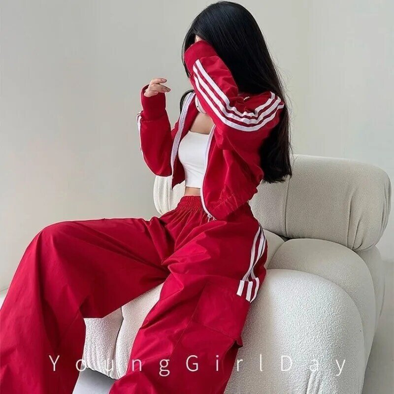 American Retro Solid Color Casual Sweatshirt Suit Women 2024 New Fashion Y2k Loose Hooded Sweater Wide-leg Pants Two-piece Suit