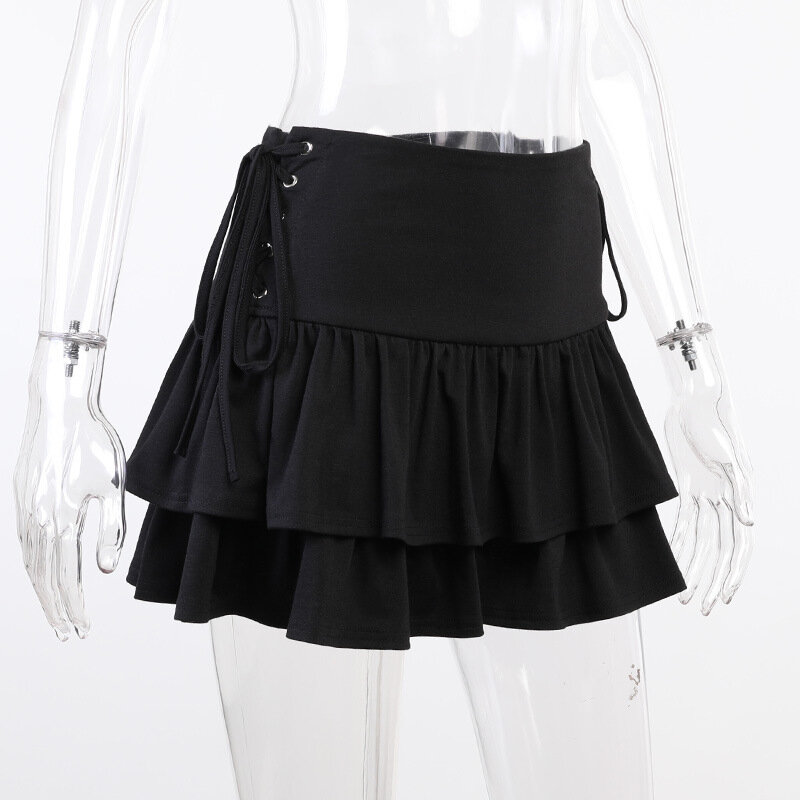 Юбка-трапеция HOUZHOU Y2K женская черная, уличная одежда с оборками, бандажная мини-юбка с завышенной талией в готическом стиле, панк, одежда для гранж