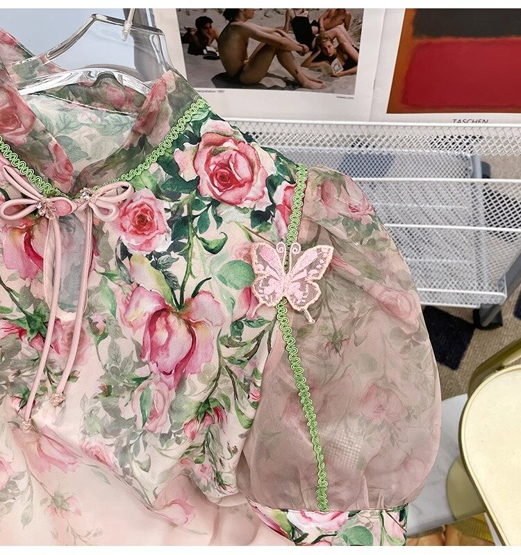 Женская летняя рубашка с коротким рукавом, Модный яркий короткий топ с принтом бабочек и цветов, 2024