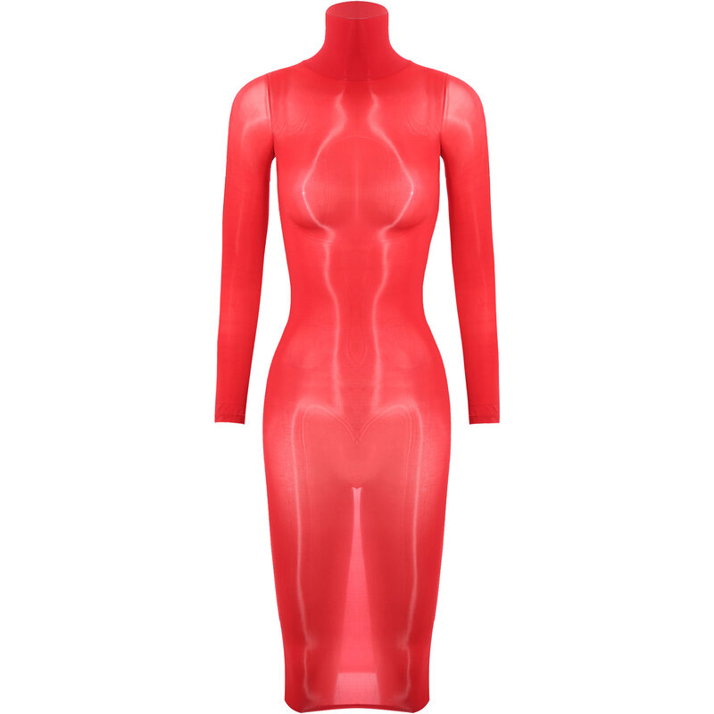 2024 Gaun Lingerie seksi wanita tembus pandang warna polos gaun malam pakaian tidur melar tinggi lengan panjang atau tanpa lengan gaun Bodycon mengilap
