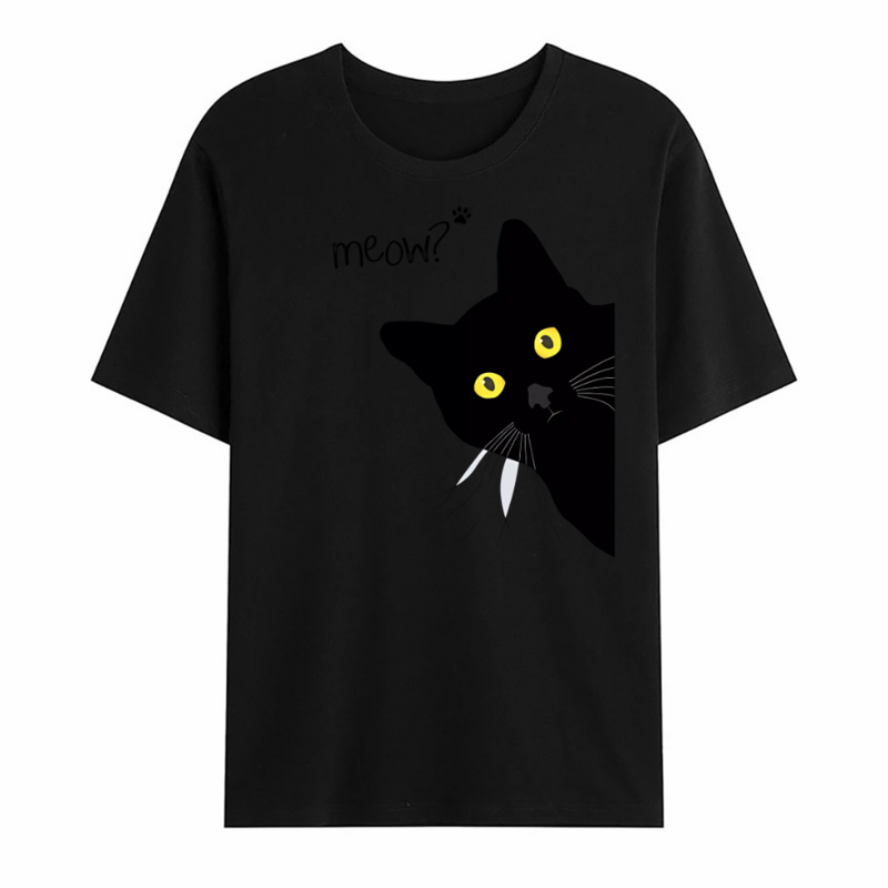 تي شيرتات مطبوعة مضحكة على شكل قطة سوداء للرجال ، تي شيرت جيد التهوية ، توبات كبيرة الحجم ، قطن فضفاض ، ملابس الشارع الصيفية ، Meow, توي
