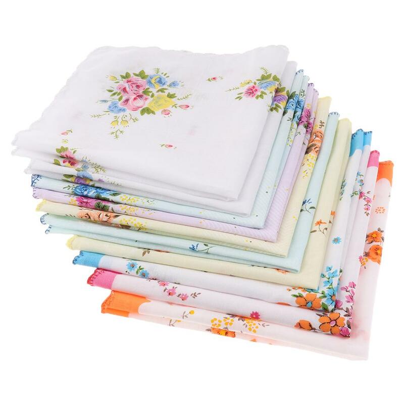 Lenço para mulheres, lenços quadrados Hanky, cores sortidas, flores coloridas, 10 pcs