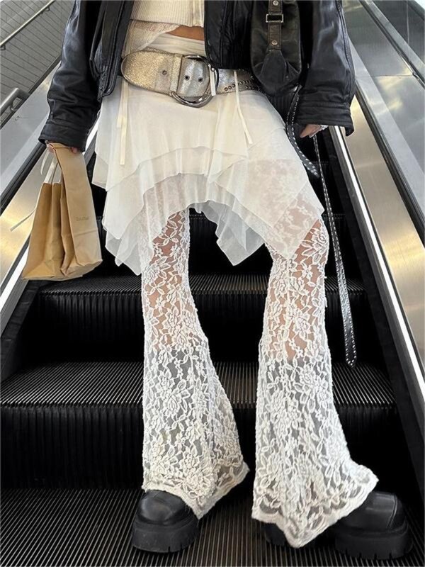 Houzhou-女性用の透明なレースカートパンツ,ヴィンテージパンツ,韓国の美的パッチワーク,女性用のフレア,y2k,夏