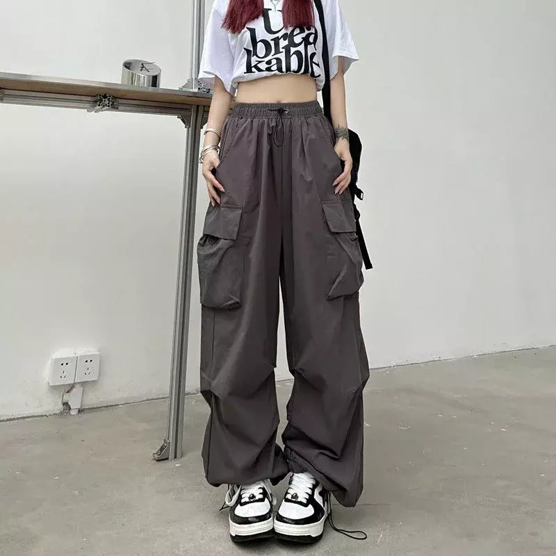 Y2K Trousers Women Cargo Pants Straight Wide Leg Drawstring Oversize Pockets Kpop High Waisted Breathable Solid Color Sweatpants