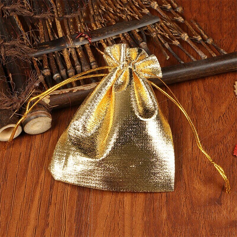10 buah tas hadiah tali serut tas kemasan Satin perhiasan emas perak 7X9 CM untuk paket hadiah pernikahan Natal