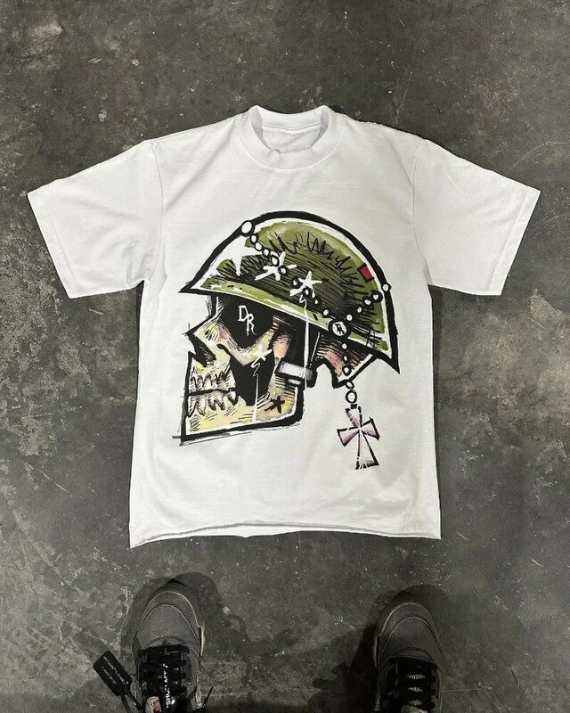 Y2k główna ulica casualowa czaszka z kostnym wzorem T-Shirt w za dużym rozmiarze kobiet Punk Retro luźny Top z okrągłym dekoltem z krótkim rękawem